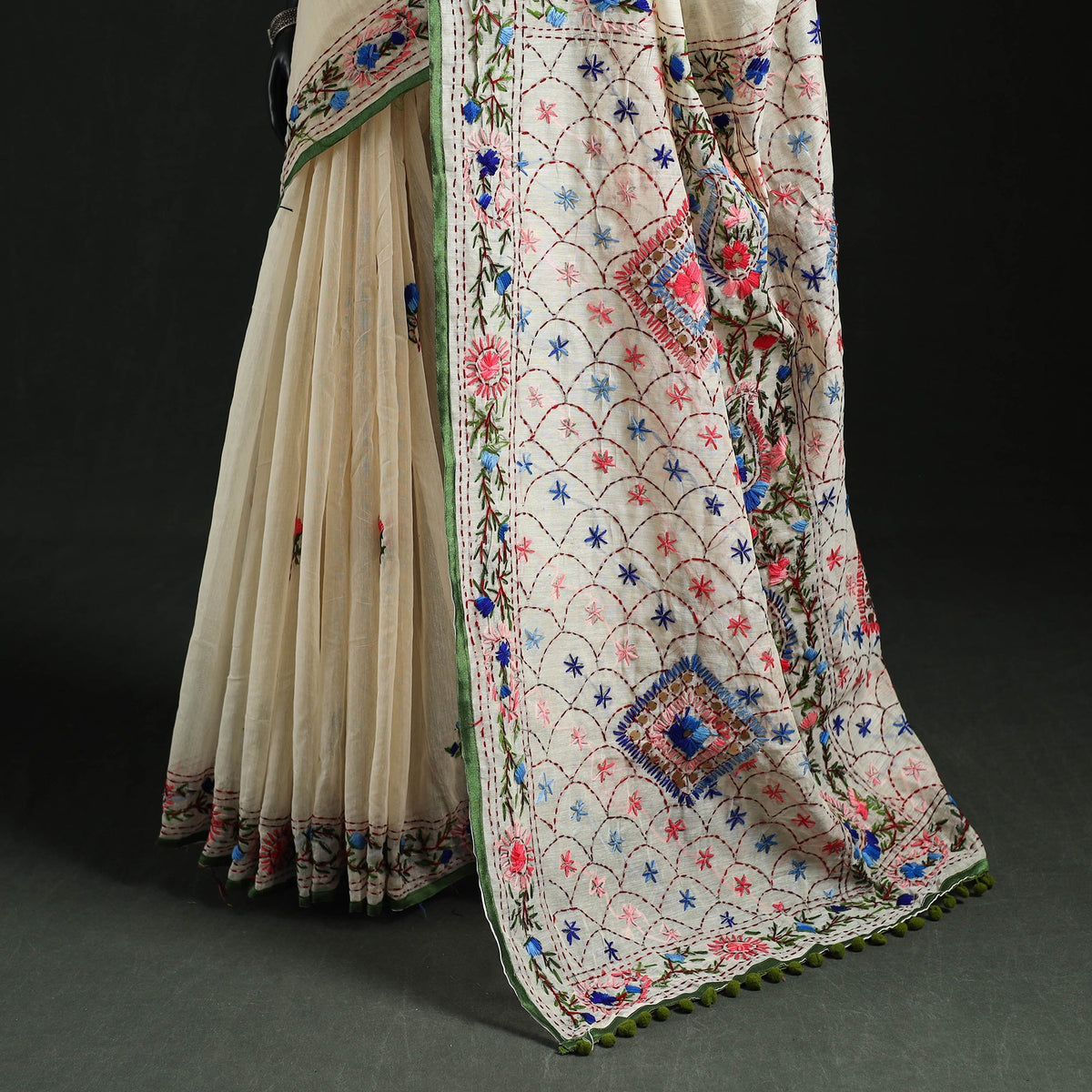 Hand embroidered chanderi silk chapa work phulkari saree 17