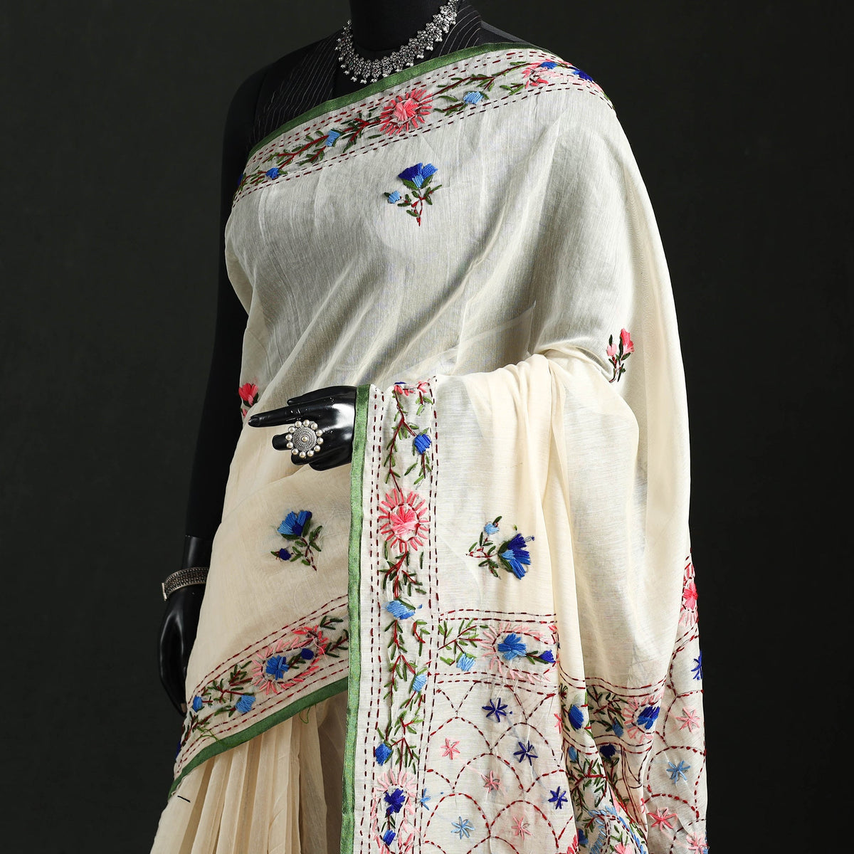 Hand embroidered chanderi silk chapa work phulkari saree 17