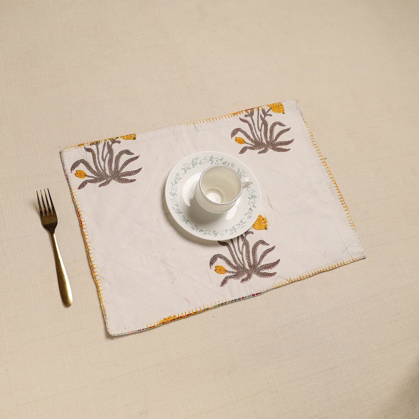  White  Hand Embroidered Floral Cotton Reversible Table Mat