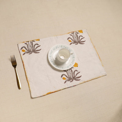  White  Hand Embroidered Floral Cotton Reversible Table Mat