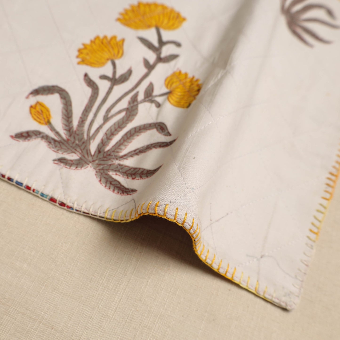  White  Hand Embroidered Floral Cotton Reversible Table Mat