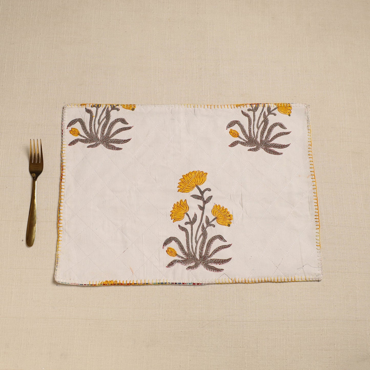  White  Hand Embroidered Floral Cotton Reversible Table Mat