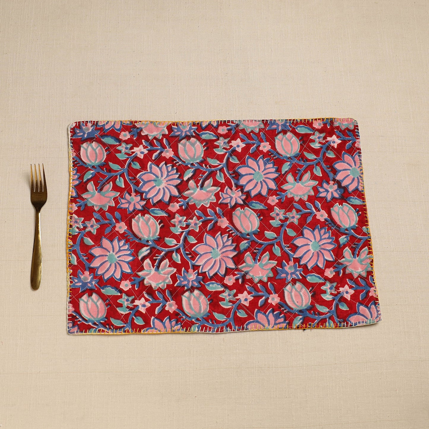  White  Hand Embroidered Floral Cotton Reversible Table Mat
