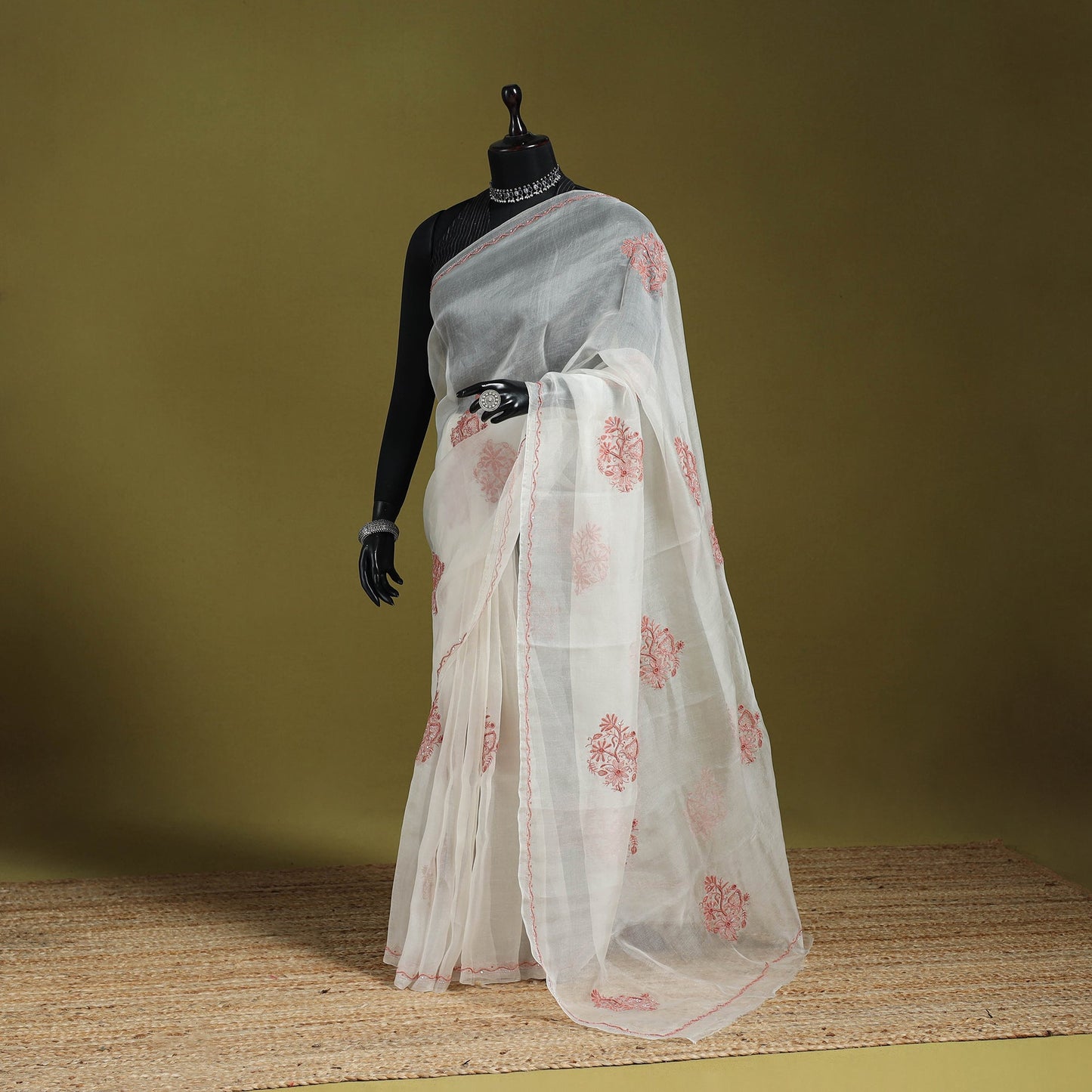 White - hand embroidered organza silk beadwork chikankari