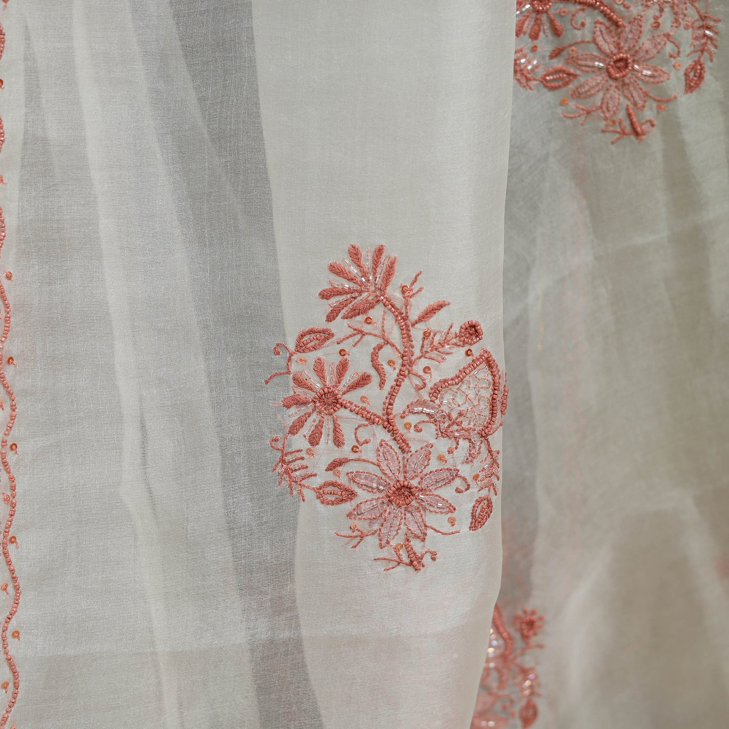 White - hand embroidered organza silk beadwork chikankari