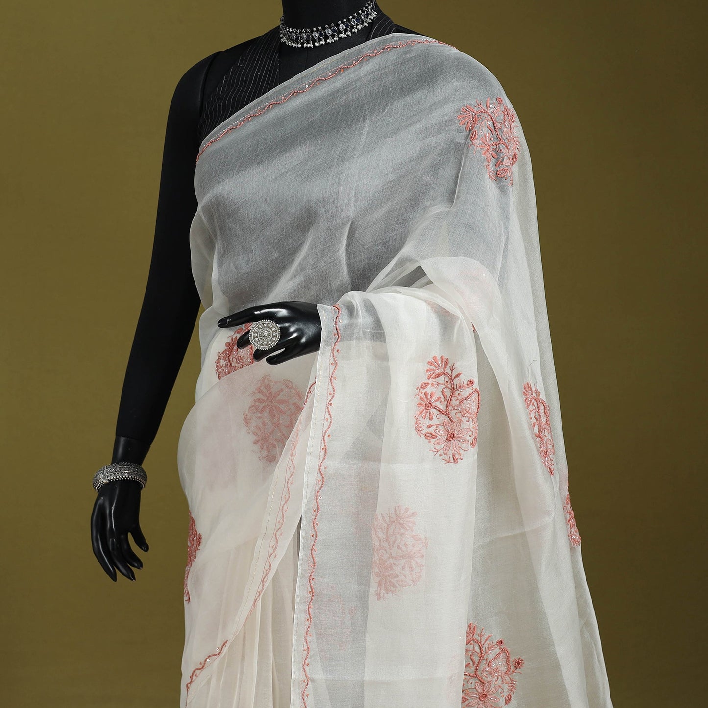 White - hand embroidered organza silk beadwork chikankari