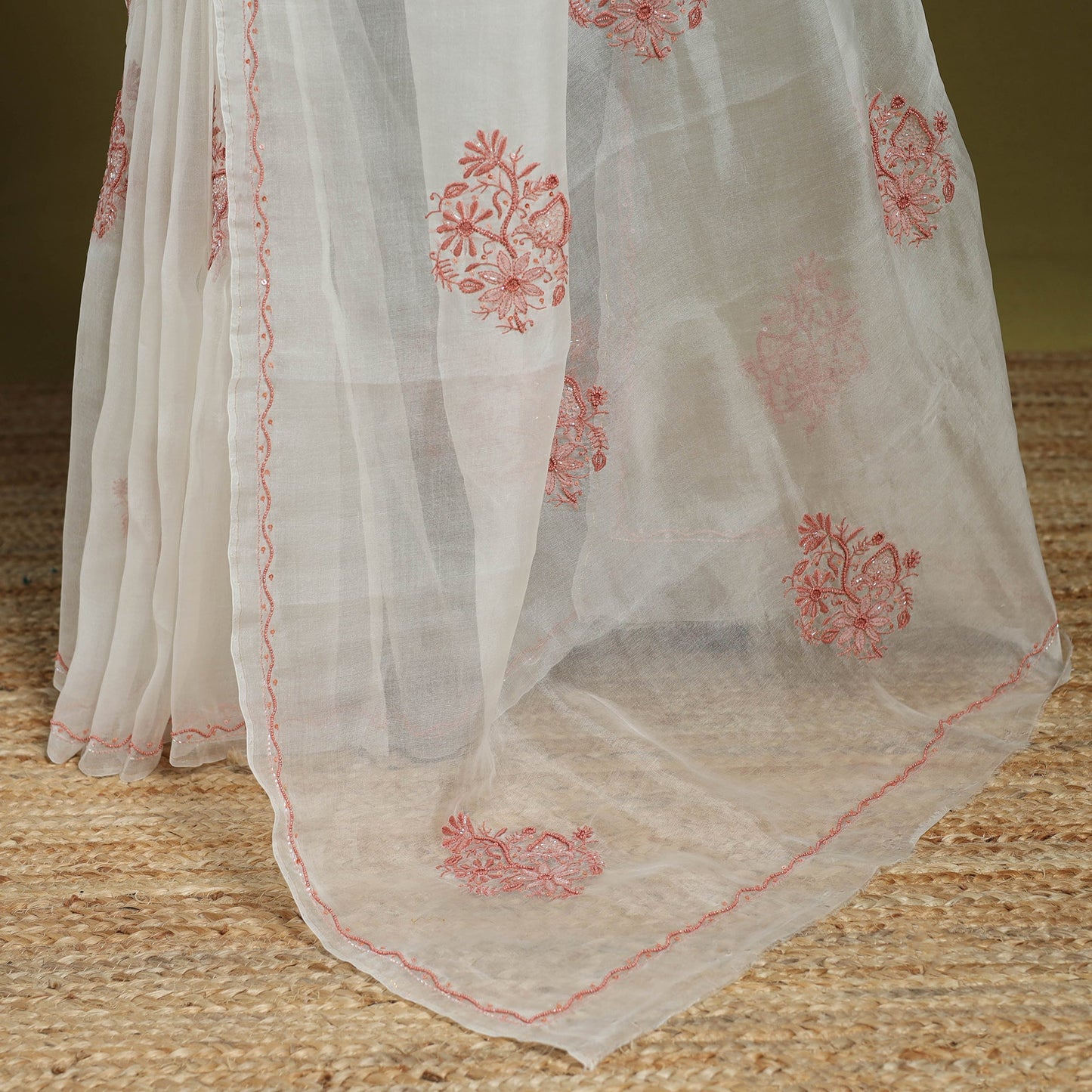 White - hand embroidered organza silk beadwork chikankari