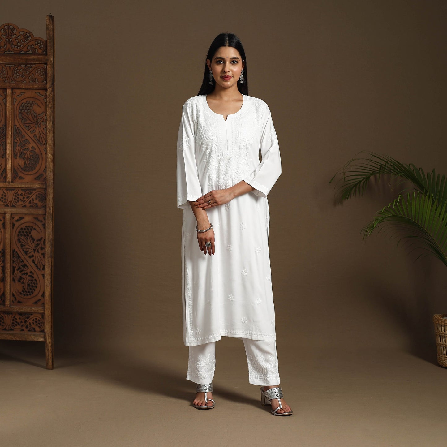 White Hand Embroidered Rayon Chikankari Kurta with Pant Set