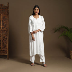 White Hand Embroidered Rayon Chikankari Kurta with Pant Set