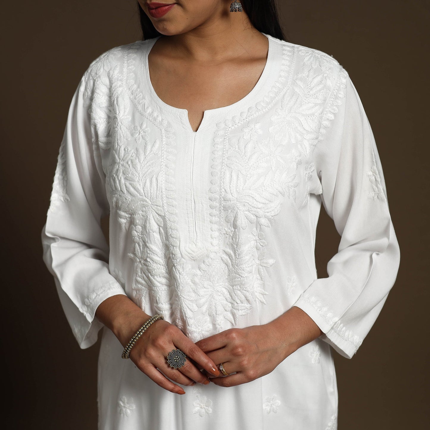 White Hand Embroidered Rayon Chikankari Kurta with Pant Set