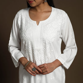 White Hand Embroidered Rayon Chikankari Kurta with Pant Set
