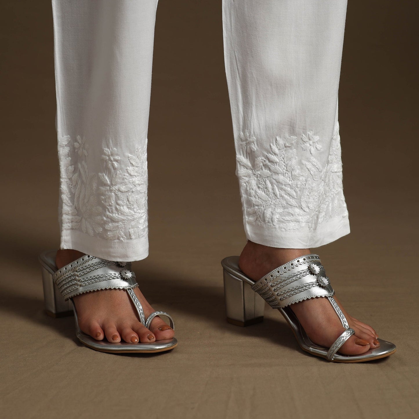 White Hand Embroidered Rayon Chikankari Kurta with Pant Set