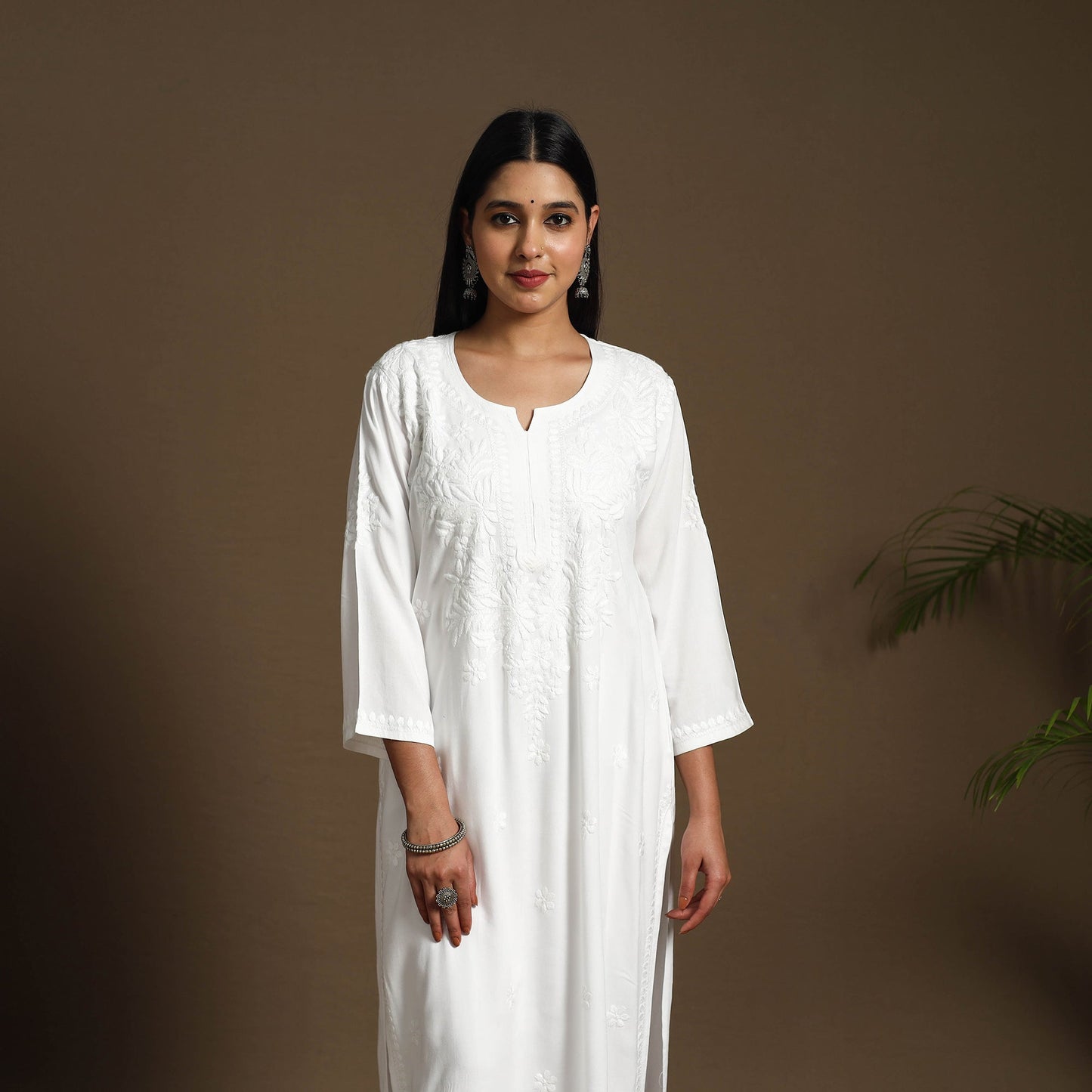 White Hand Embroidered Rayon Chikankari Kurta with Pant Set