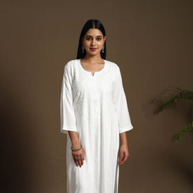 White Hand Embroidered Rayon Chikankari Kurta with Pant Set