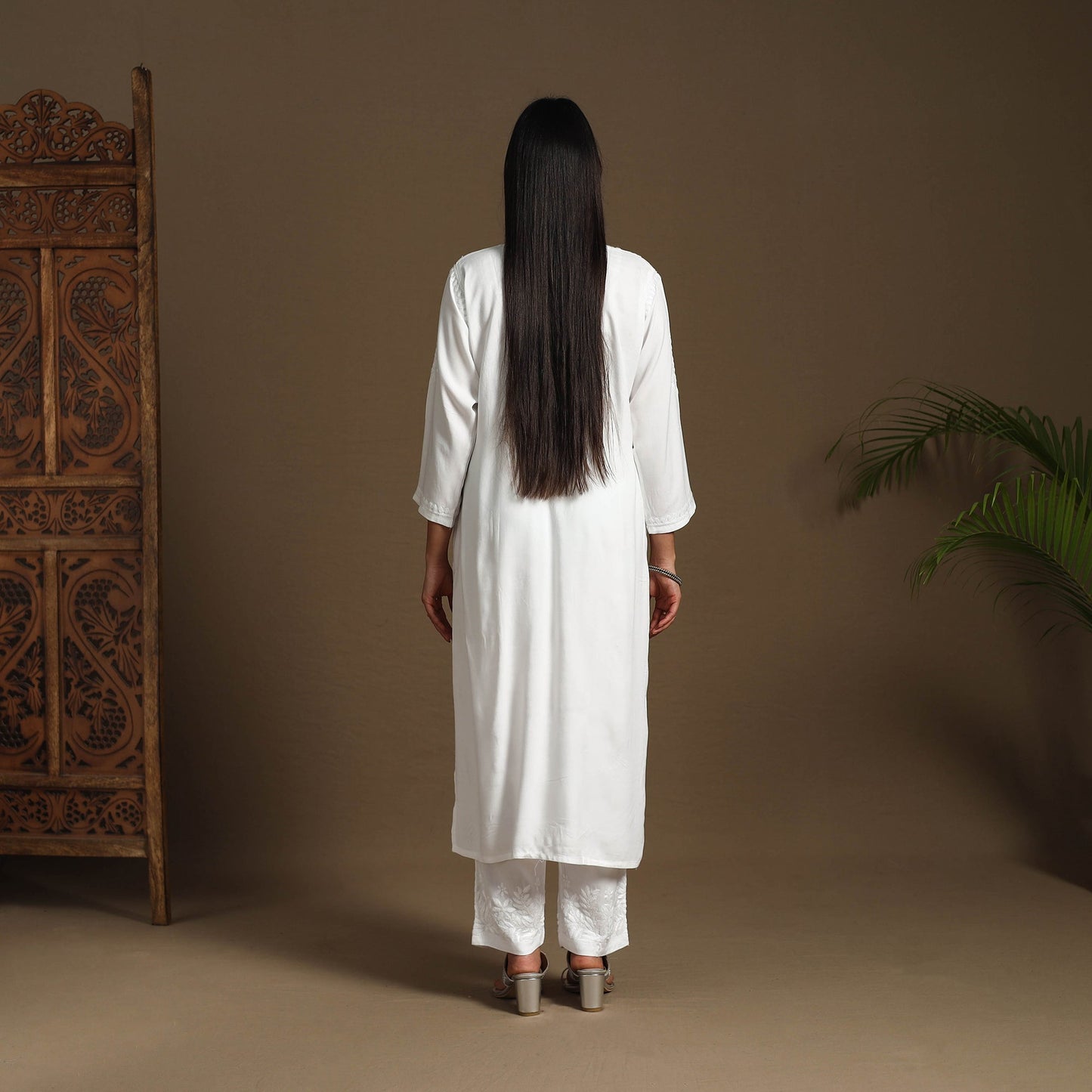 White Hand Embroidered Rayon Chikankari Kurta with Pant Set