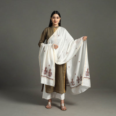 White - hand embroidery chanderi silk handloom kashida