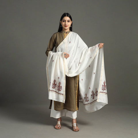 White - hand embroidery chanderi silk handloom kashida