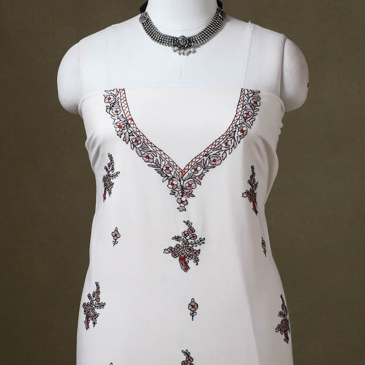 White Hand Embroidery Cotton Kashida Kurta Material