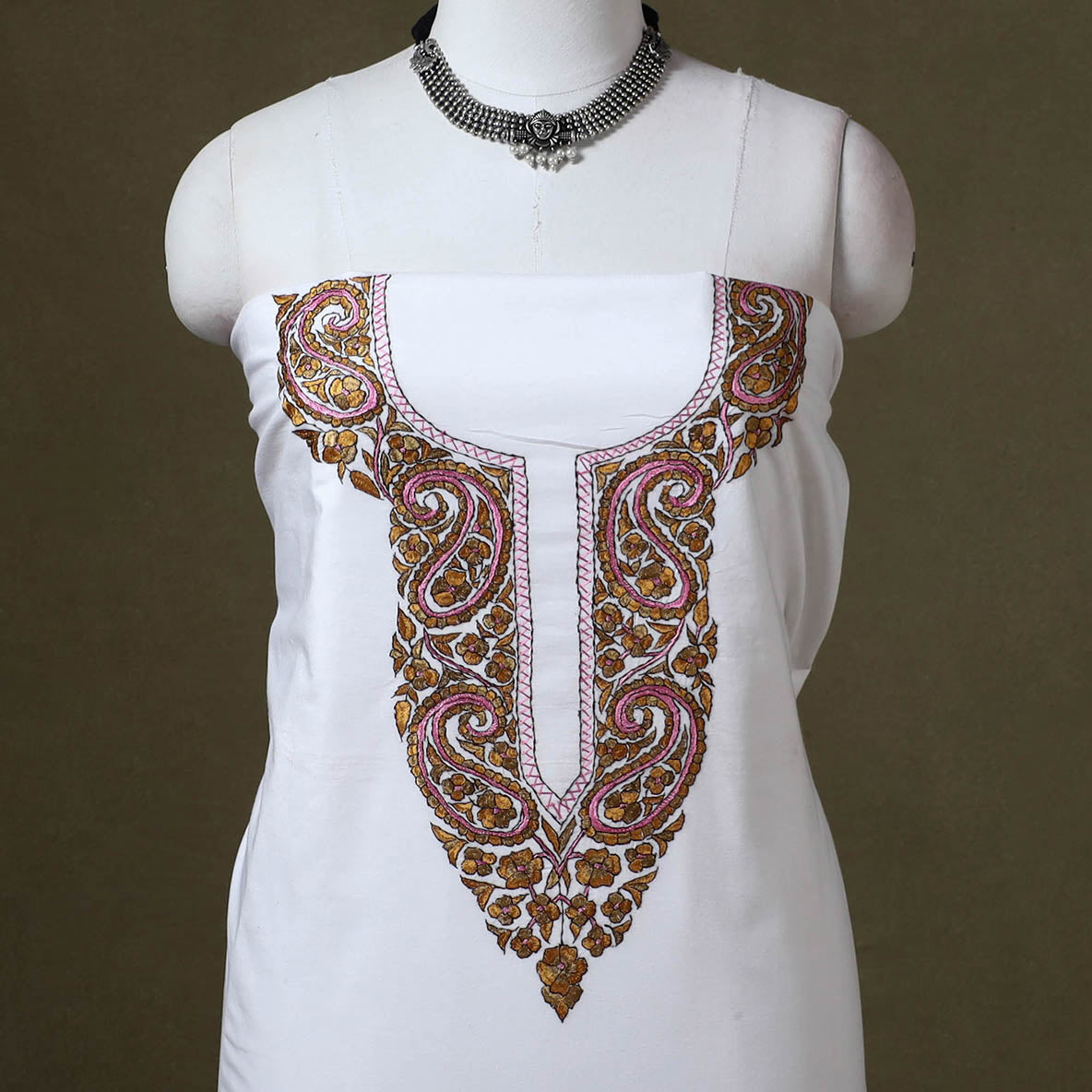 White Hand Embroidery Cotton Kashida Kurta Material