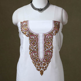 White Hand Embroidery Cotton Kashida Kurta Material