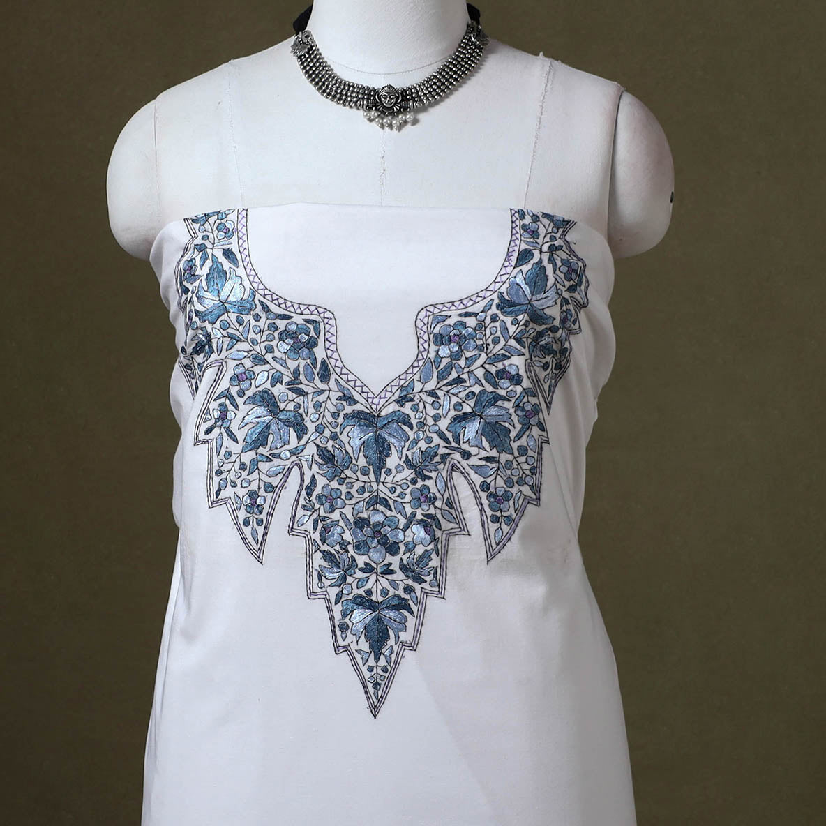 White Hand Embroidery Cotton Kashida Kurta Material