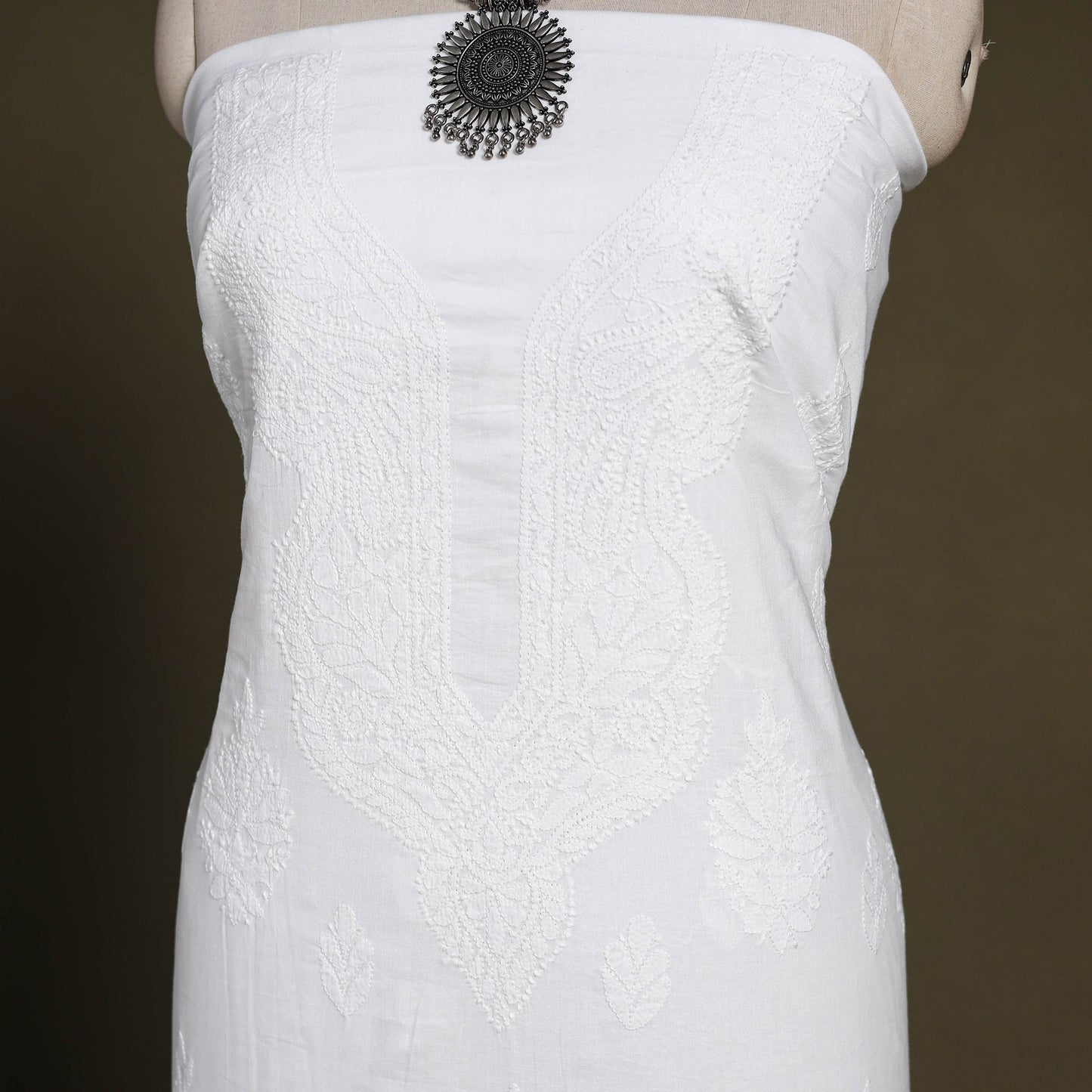 White Hand Embroidery Mul Cotton Chikankari Kurta Material