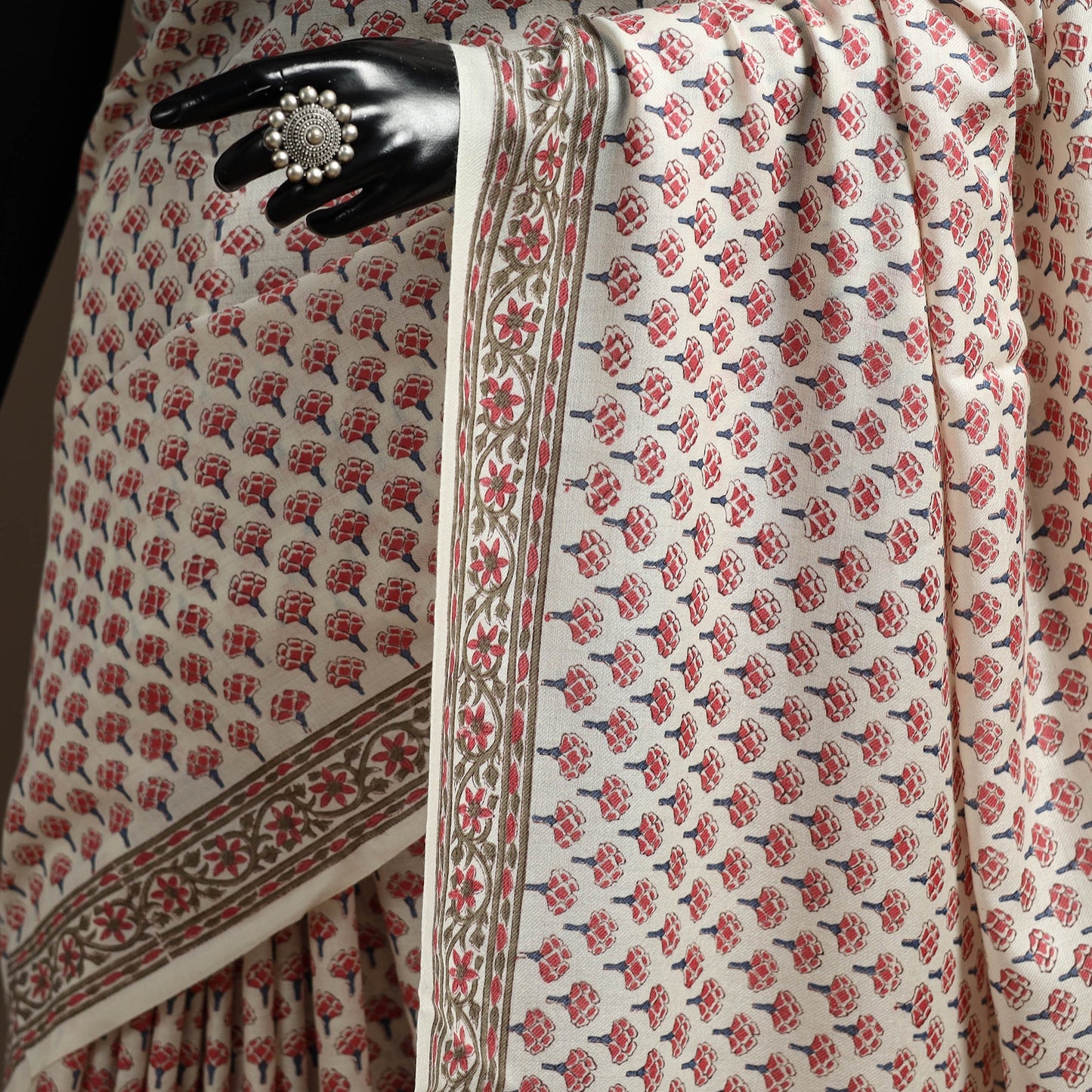 White - hand merino wool sanganeri saree 01 - handcrafted