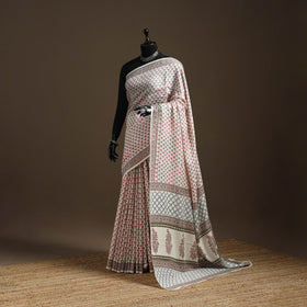 White - hand merino wool sanganeri saree 01 - handcrafted