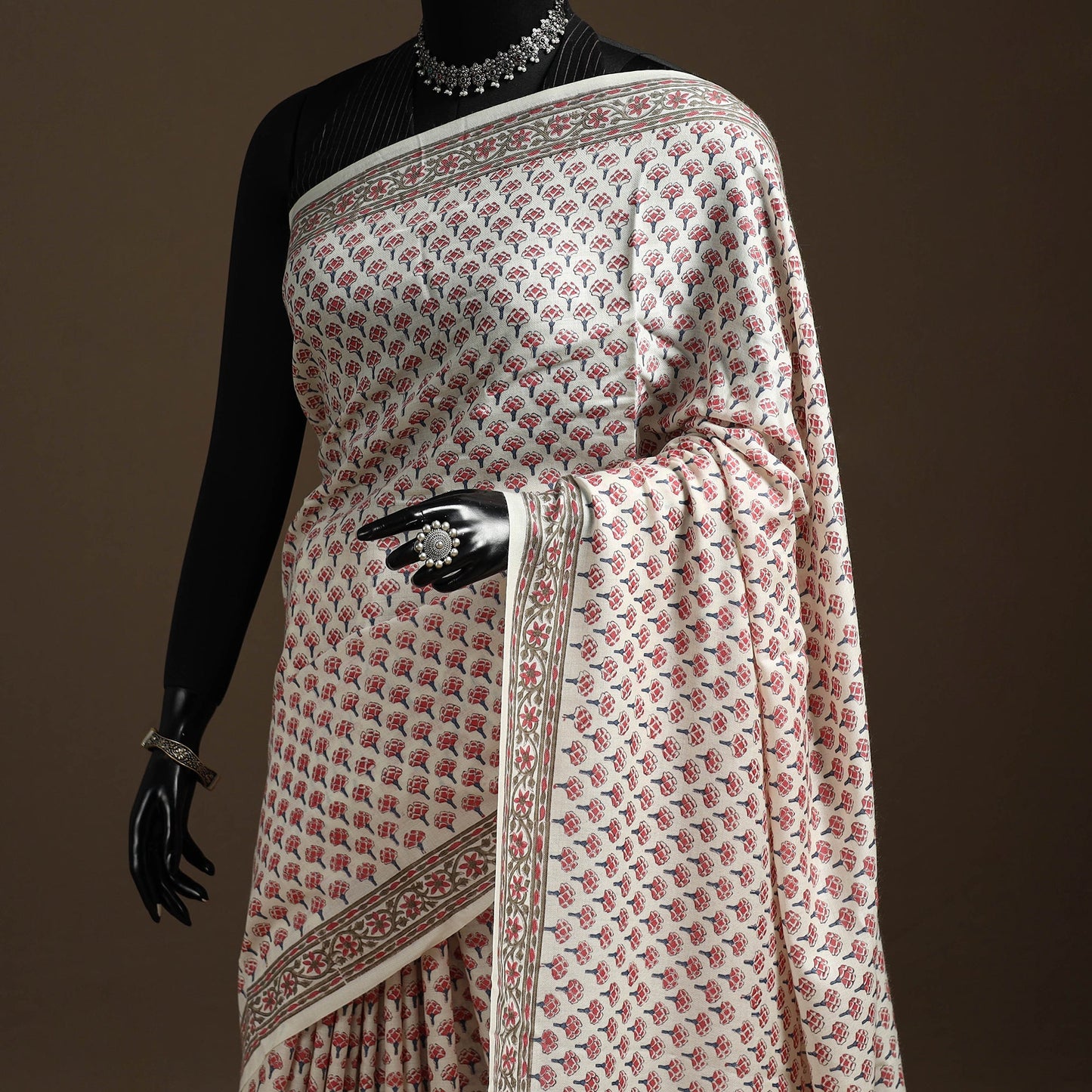 White - hand merino wool sanganeri saree 01 - handcrafted