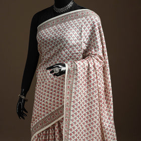 White - hand merino wool sanganeri saree 01 - handcrafted