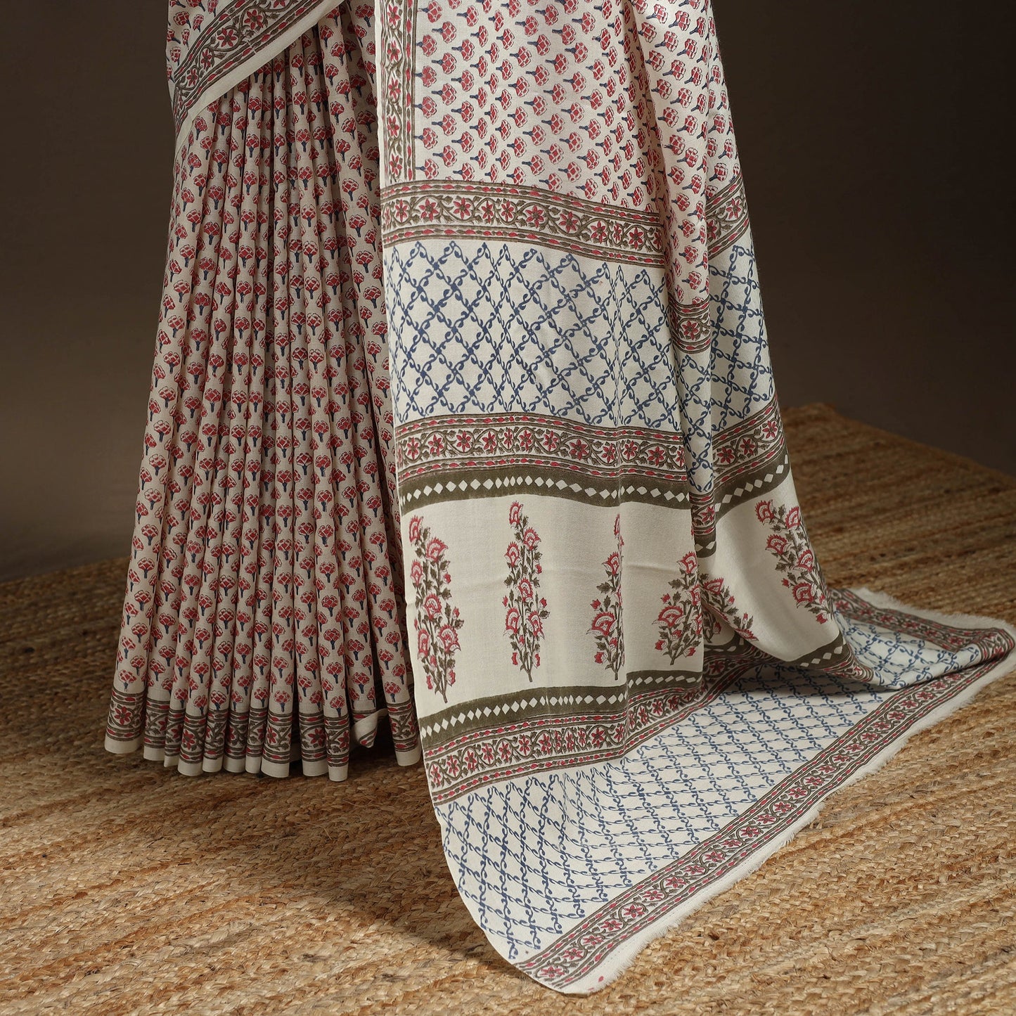 White - hand merino wool sanganeri saree 01 - handcrafted