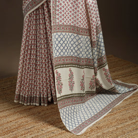 White - hand merino wool sanganeri saree 01 - handcrafted