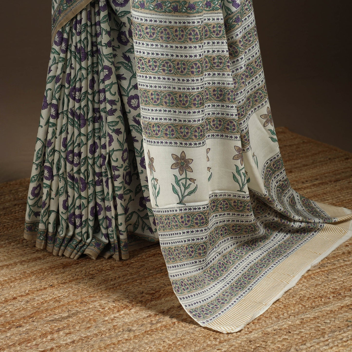 Purple - hand merino wool sanganeri saree 02 - handcrafted