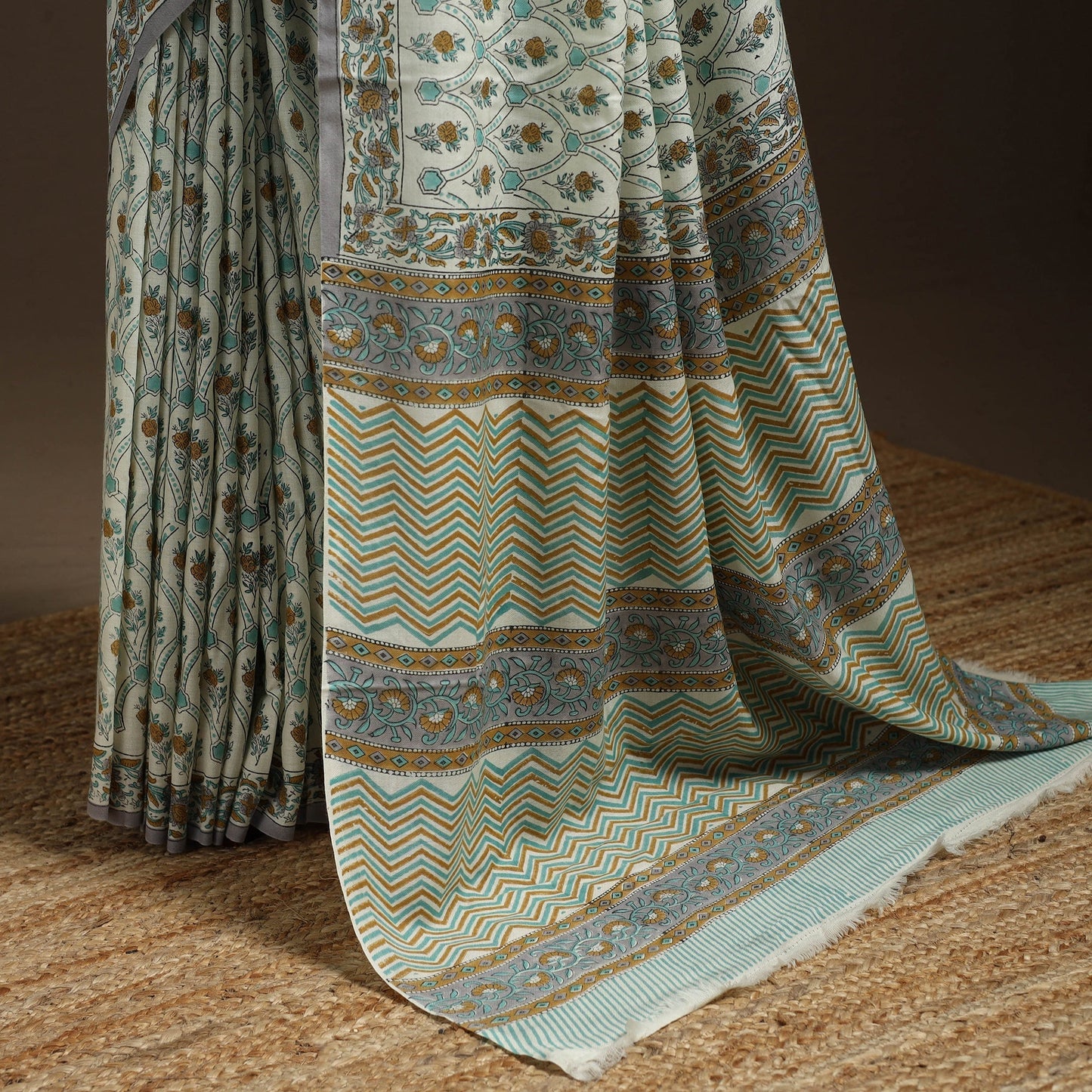 Green - hand merino wool sanganeri saree 05 - handcrafted