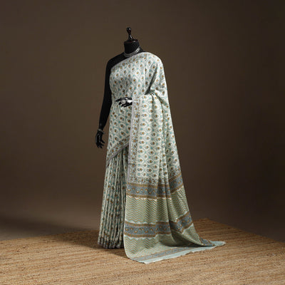 Green - hand merino wool sanganeri saree 05 - handcrafted