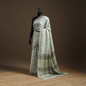 Green - hand merino wool sanganeri saree 05 - handcrafted