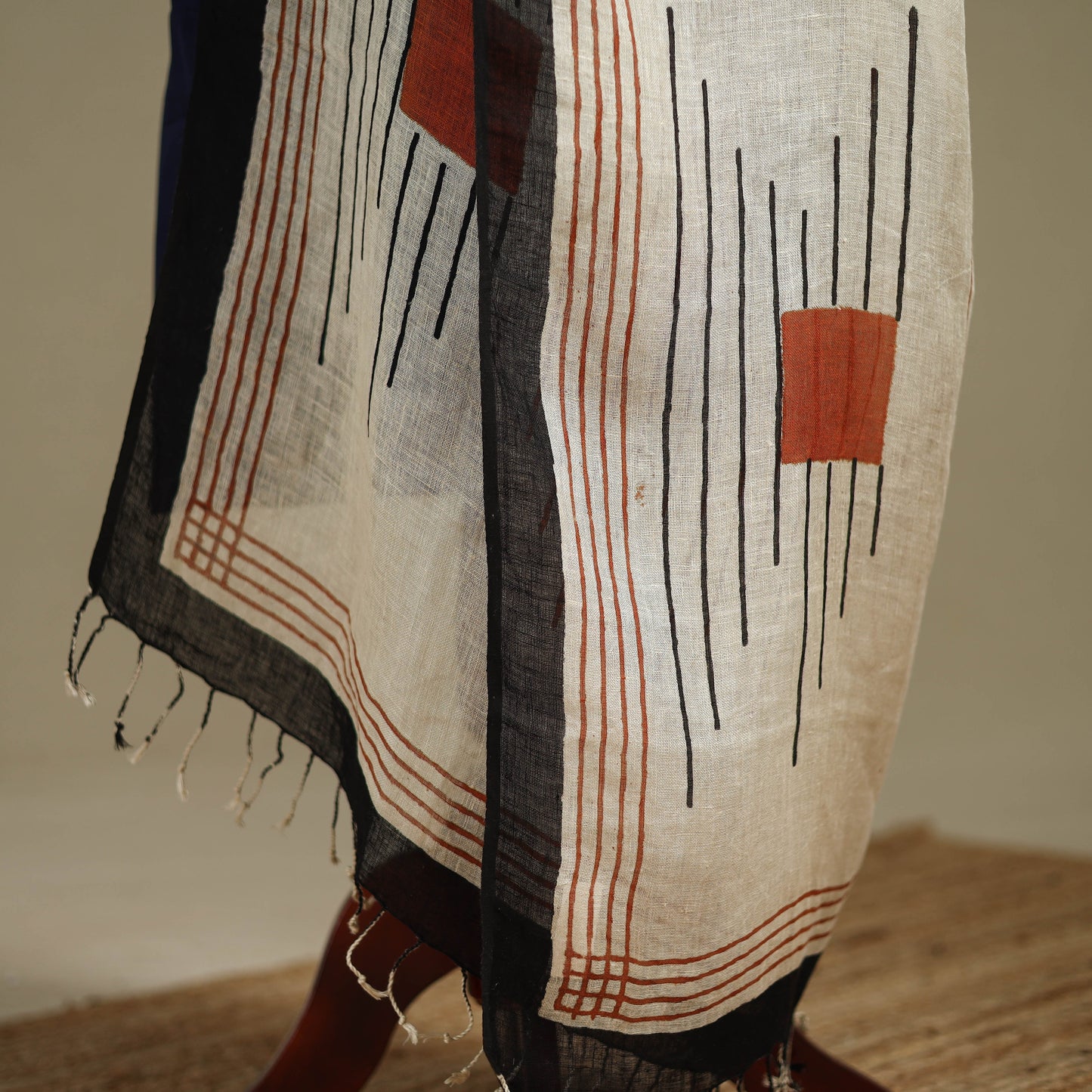 Hand natural dyed linen dupatta with tassels 02