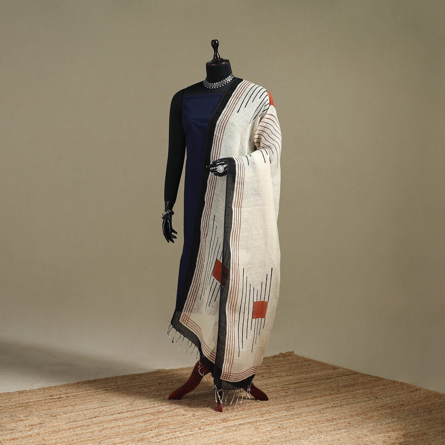 Hand natural dyed linen dupatta with tassels 02