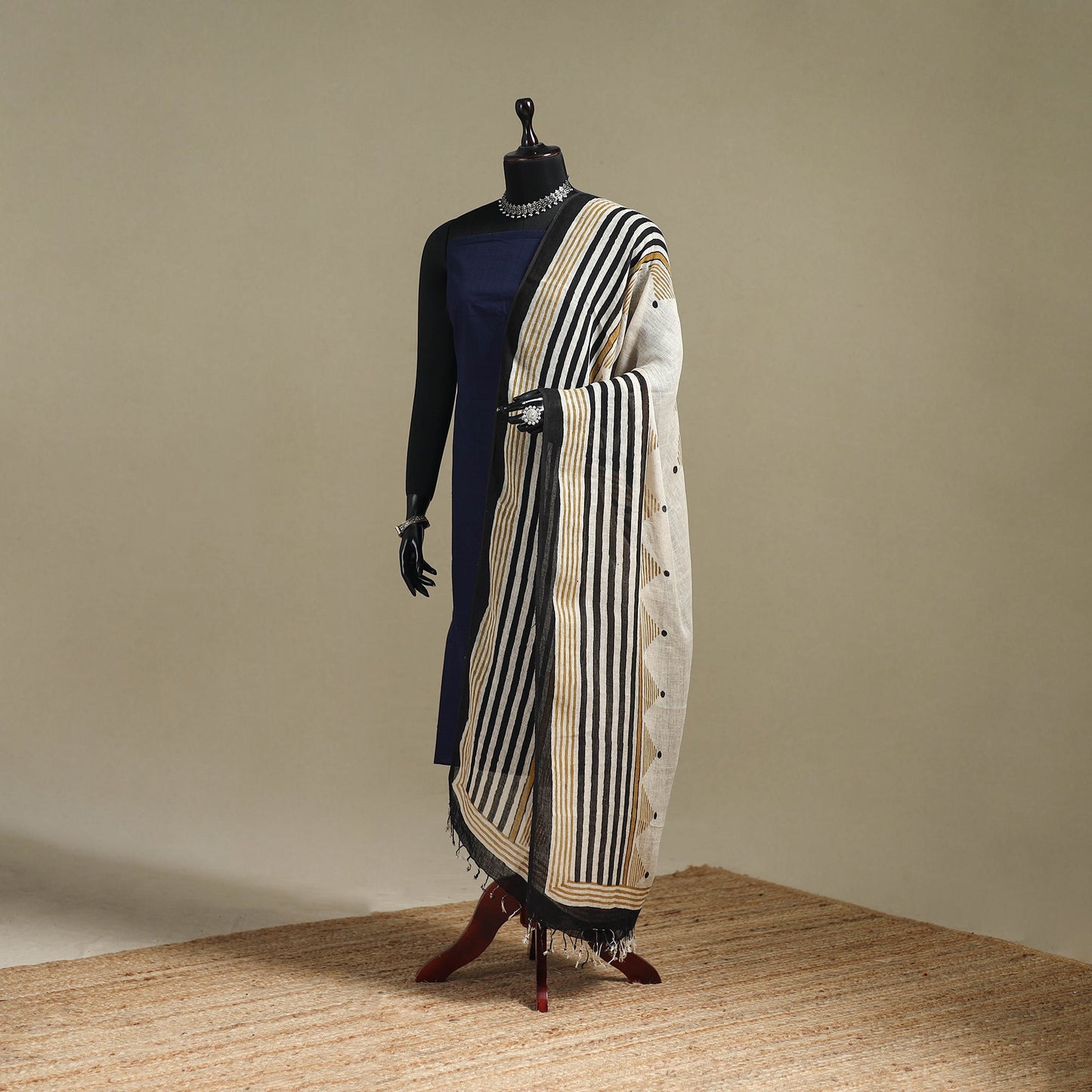 Hand natural dyed linen dupatta with tassels 03