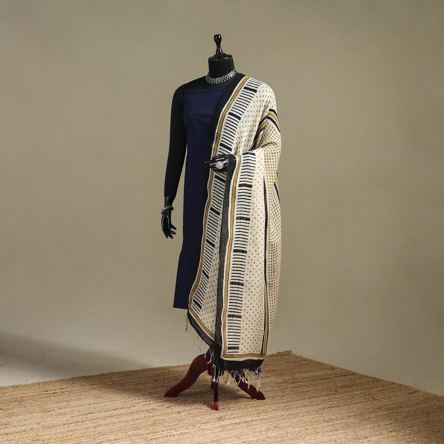 Hand natural dyed linen dupatta with tassels 04