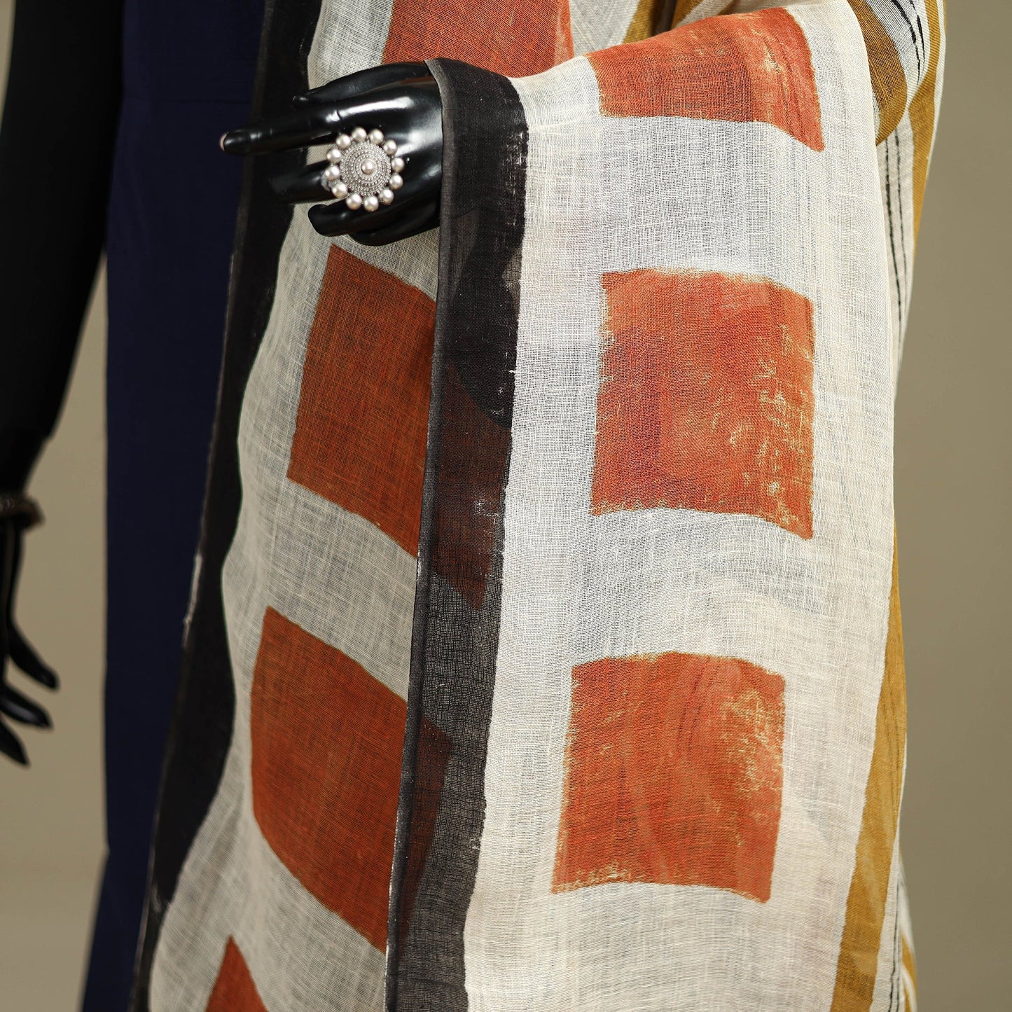 Hand natural dyed linen dupatta with tassels 05