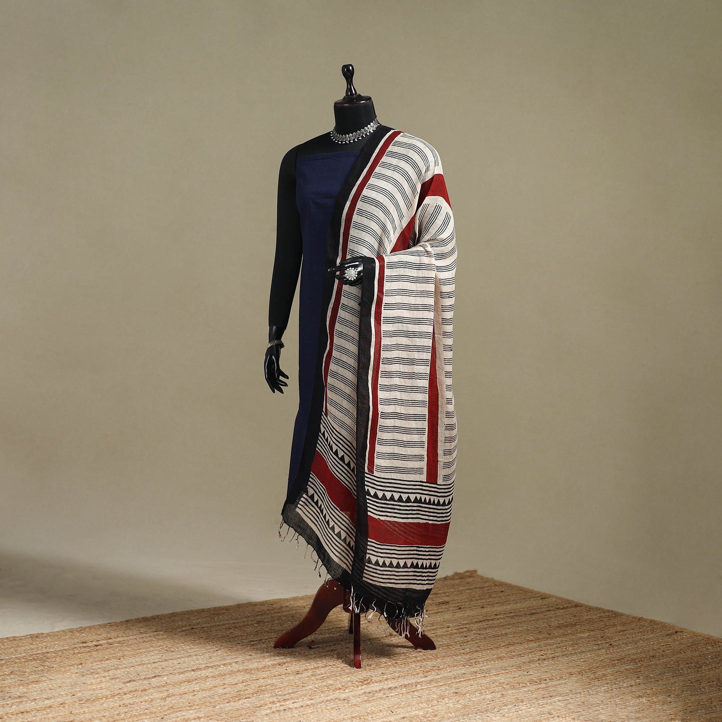 Hand natural dyed linen dupatta with tassels 06