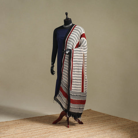 Hand natural dyed linen dupatta with tassels 06