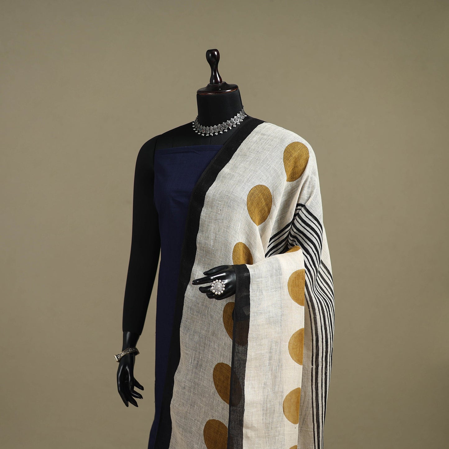 Hand natural dyed linen dupatta with tassels 07