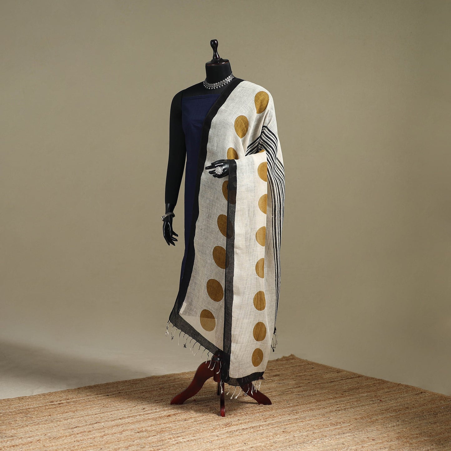 Hand natural dyed linen dupatta with tassels 07