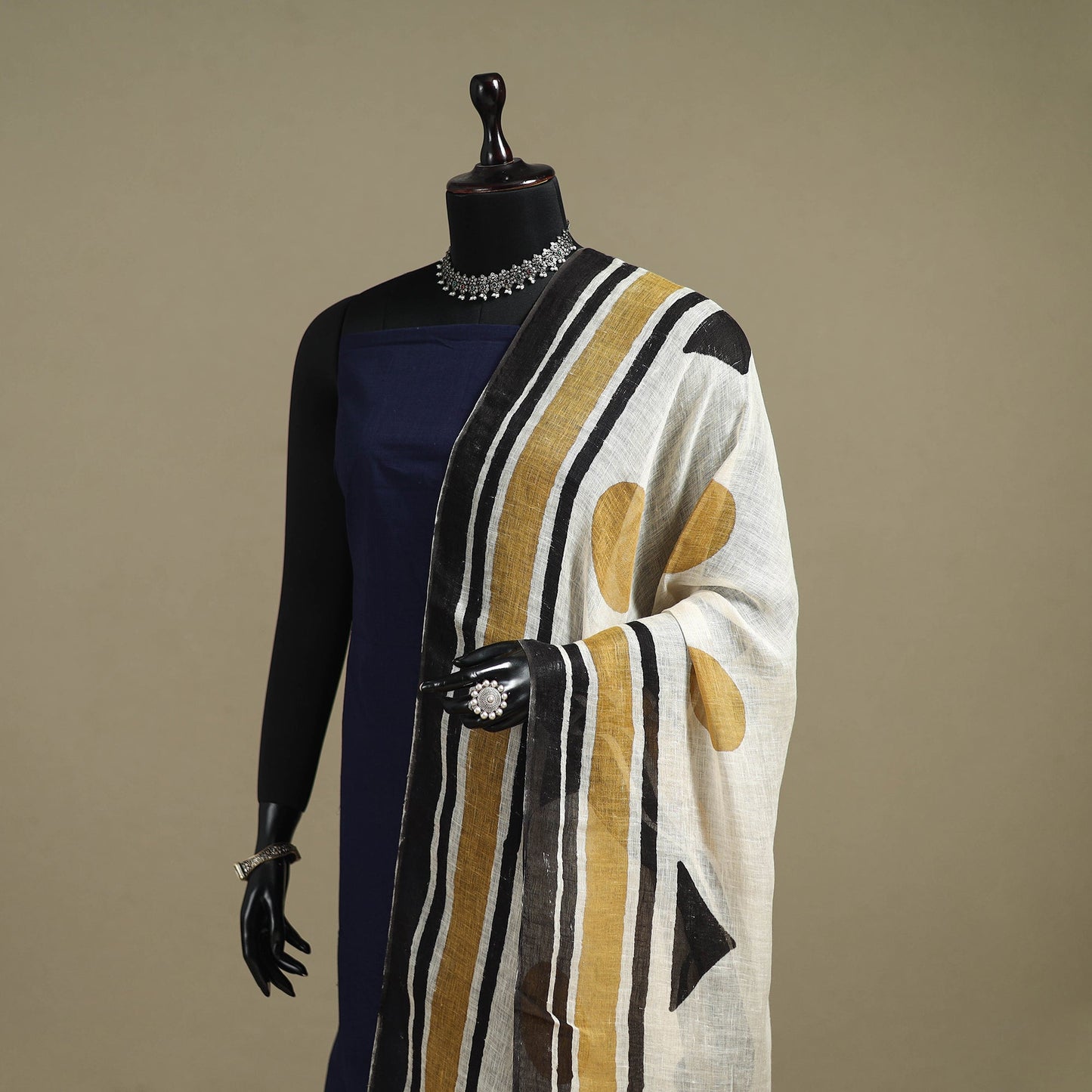 Hand natural dyed linen dupatta with tassels 08