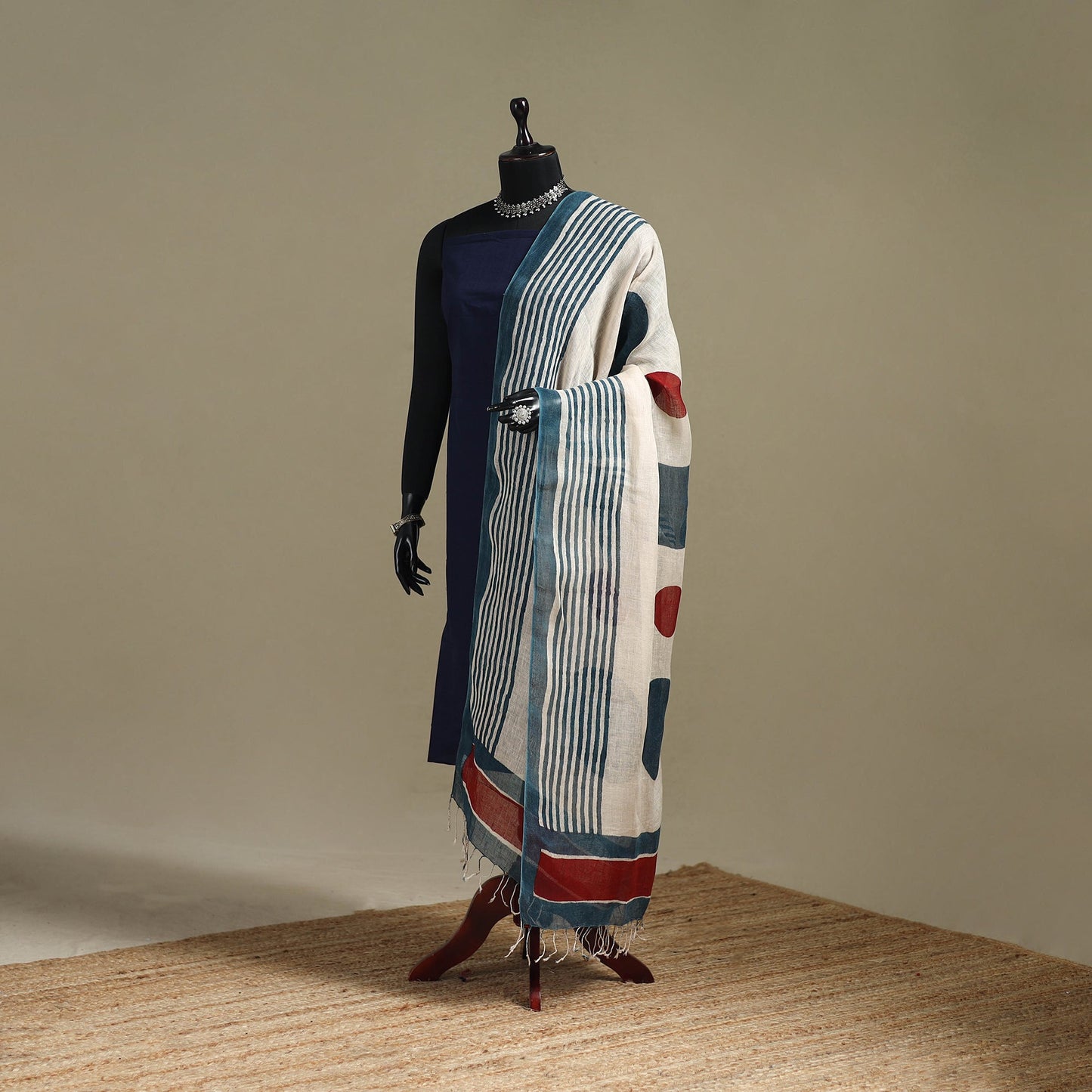 Hand natural dyed linen dupatta with tassels 10