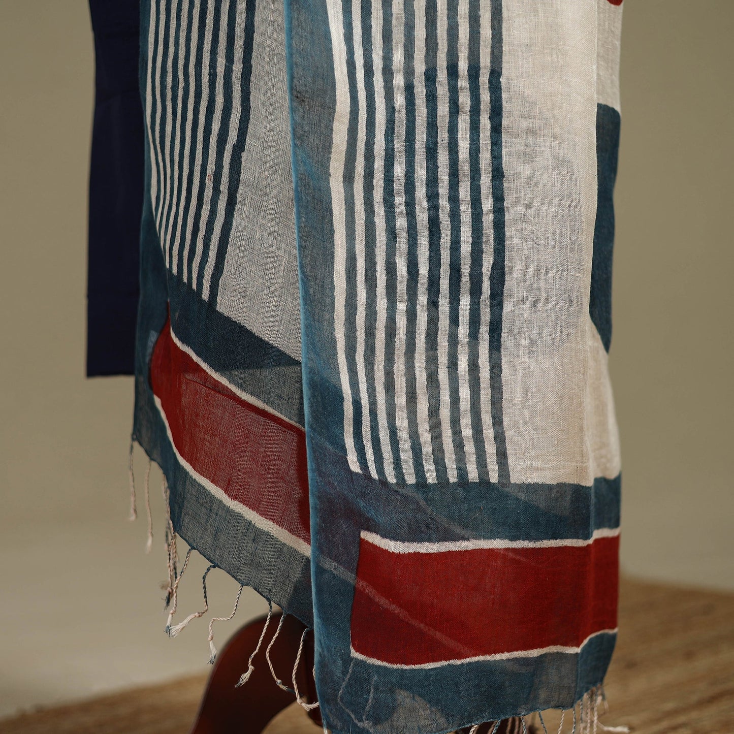 Hand natural dyed linen dupatta with tassels 10