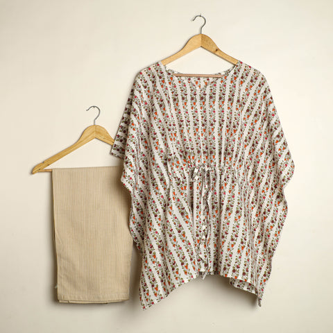 White - hand printed cotton kaftan & pyjama night suit set