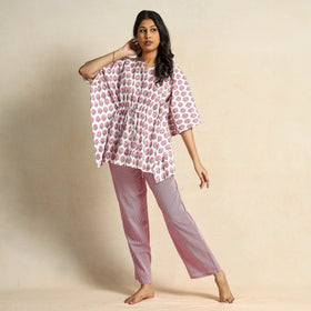  Hand Block Printed Cotton Kaftan & Pyjama Night Suit Set 